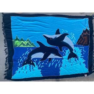 Dolphins Playing Print Fringed Beach Sarong Wrap Swim Cover Up One Size 44"x60"
